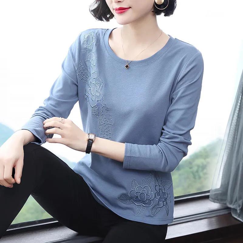 WTEMPO Women's O-neck Spring Summer Embroidered Mixed Cotton Shirts Large Size Solid Color Long Sleeve Loose Fitting Casual Tops