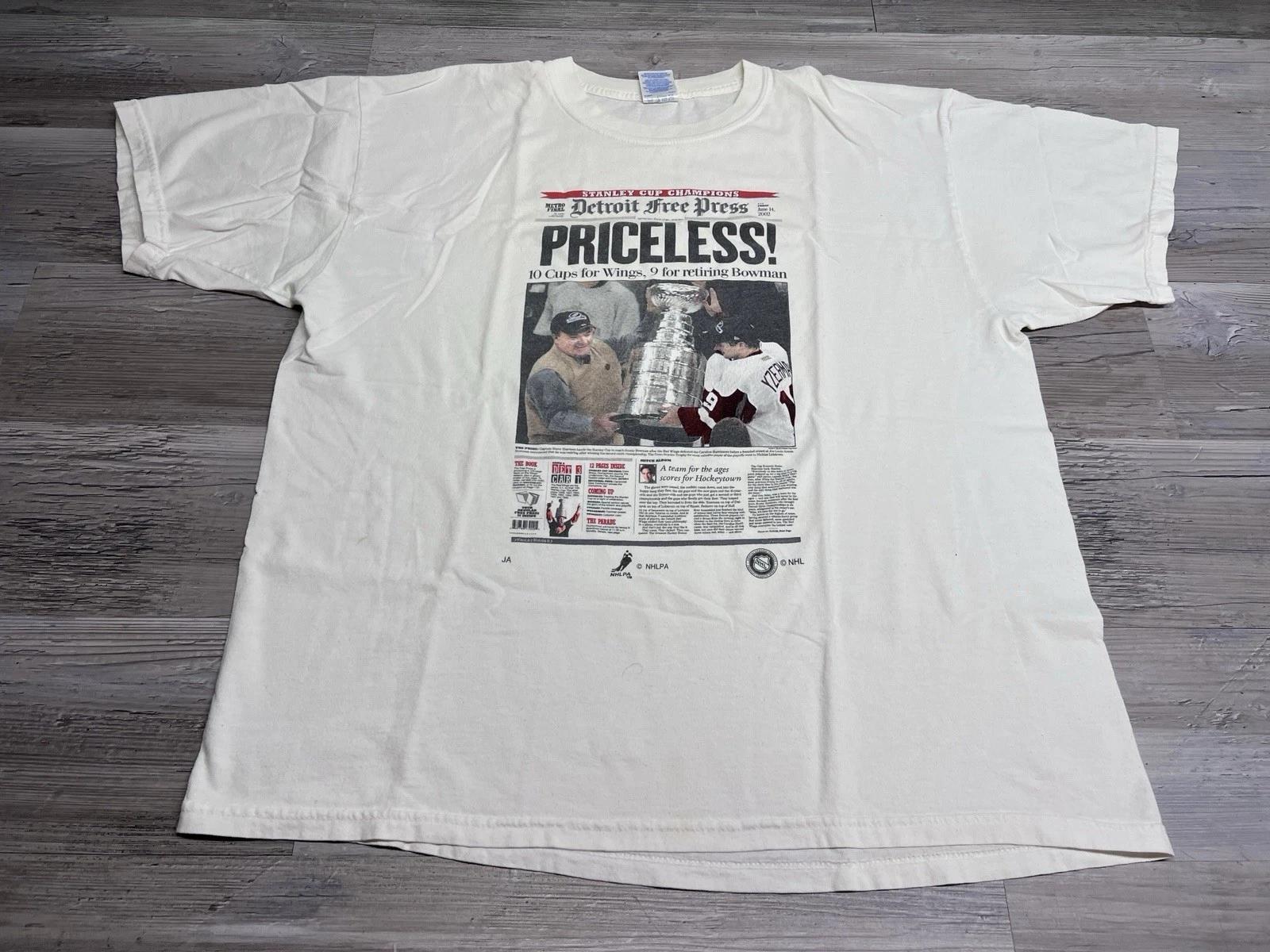Vintage 2002 Detroit Red Wings Stanley Cup Tee Free Press Priceless Headline XL S