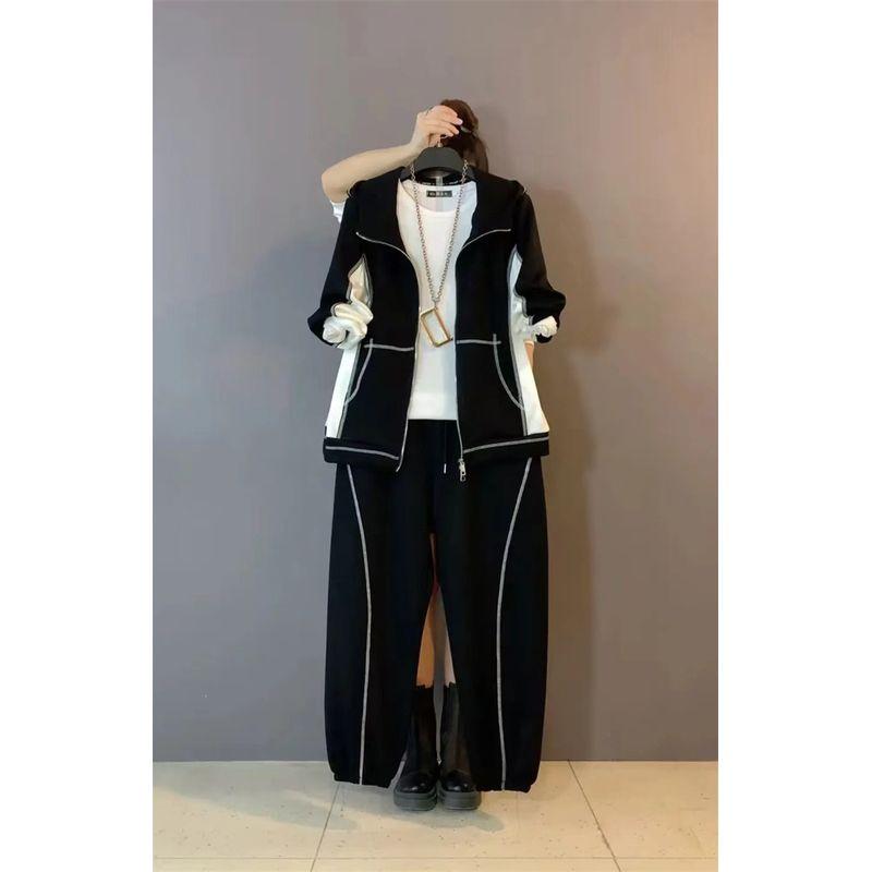 

Большой размер Большой размер Мода Повседневный спортивный костюм Женский большой размер Дамская толстовка на молнии с капюшоном Брюки Весенний приталенный костюм-двойка Black 2XL