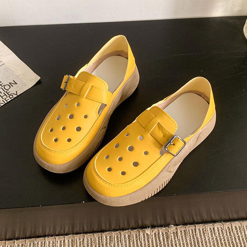 2025 Summer New Hollow Single Shoes Women's Summer Comfortable Two Wear Muffin Thick-soled Hole Shoes Soft Leather Bag Head Single Shoes