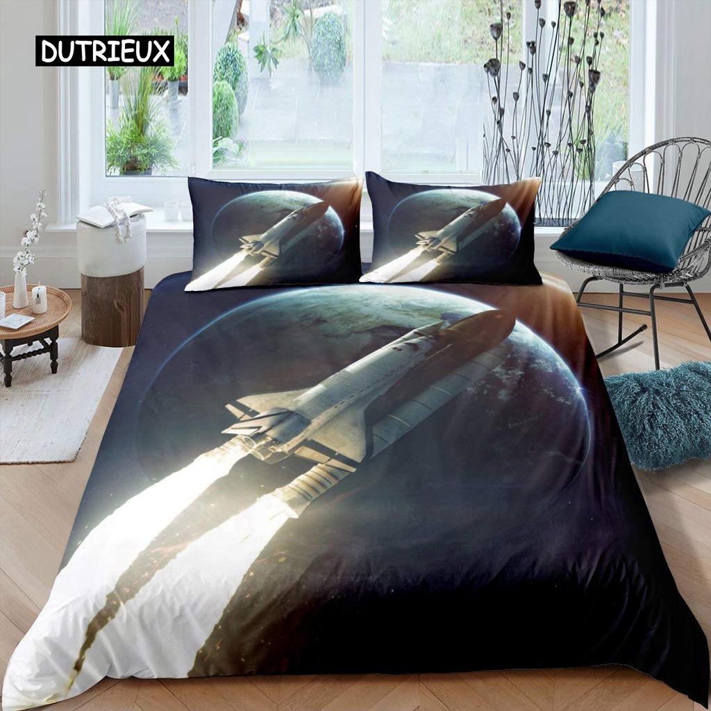 Zestaw poszwy na kołdrę Rocket Rozmiar King Zestaw pościeli Kosmiczny statek Podwójny Mikrofibra Kosmos Galaktyka Gwiazdy Planeta Kreskówkowy styl Poszwa na kołdrę