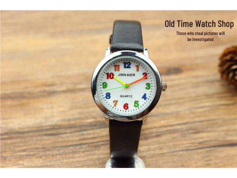 Popular Kids' Cartoon Quartz Watch with Colorful Numbers and Leather Strap for Elementary School Boys and Girls