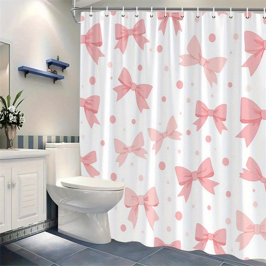 1Pc Pink Polka Dot Shower Curtain With Bow Pattern, Polyester Fabric, Machine Washable, Suitable For Bathroom Dcor.