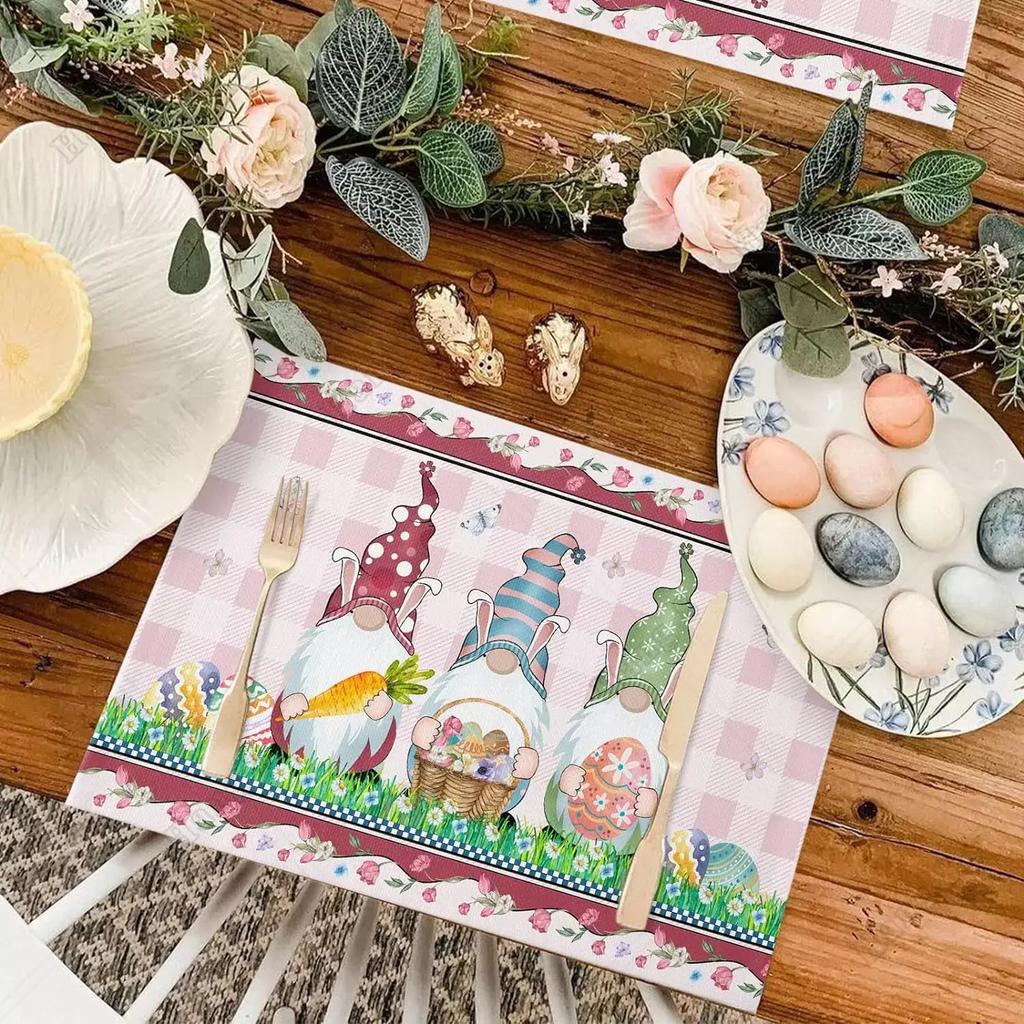 Happy Easter Placemats Set of 4 Bunny Tulip Pink Floral Heat Resistant Washable Farmhouse Place Mats for Dining Table Kitchen