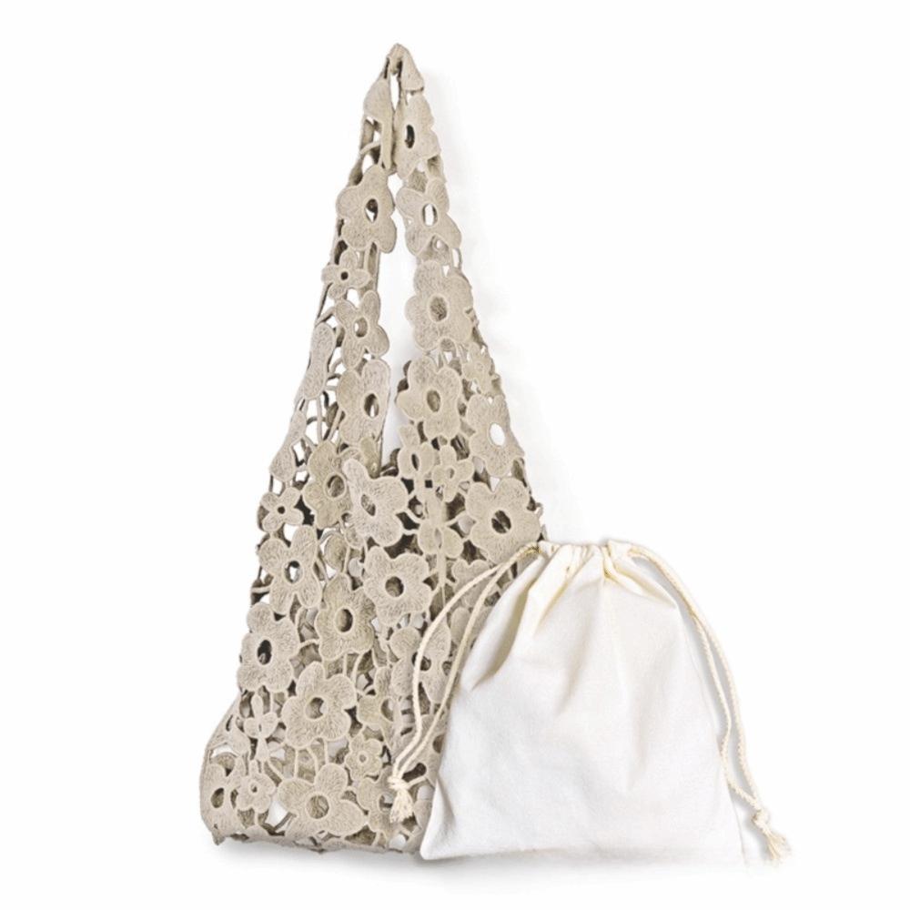 Vintage Woven Flower Tote Bag Large Capacity Soft Hollow Out Embroidered Handbag Polyester Fiber Has Inner Pocket