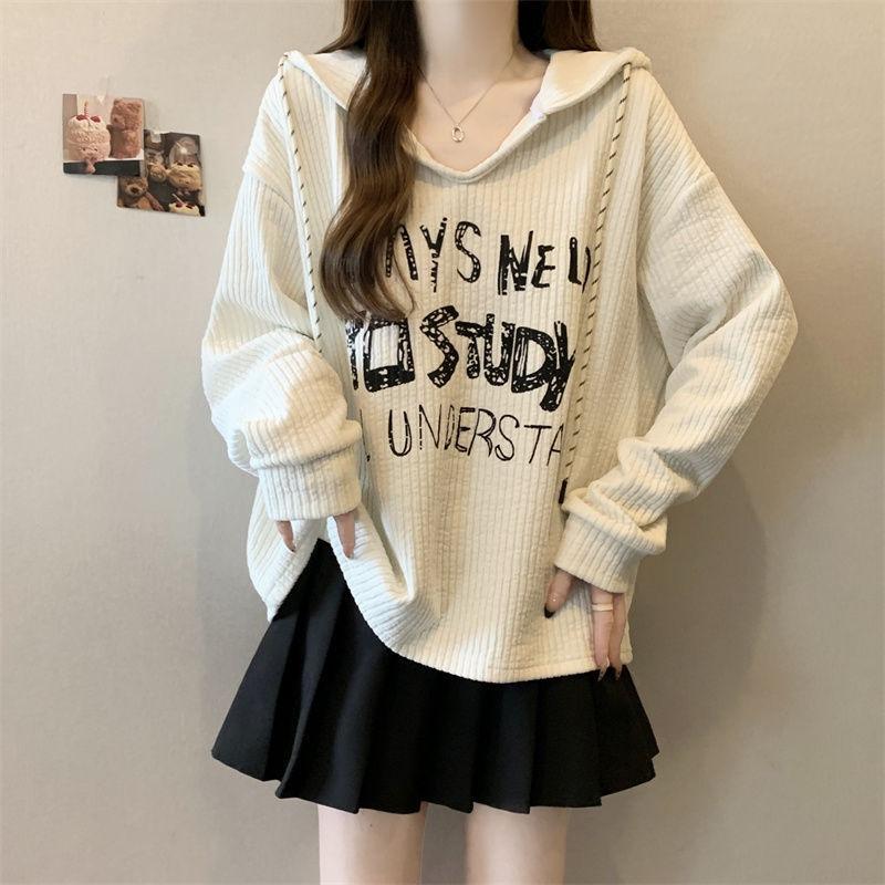 women hooded letter print sweatshirt v-neck long sleeve ribbed knit casual oversized pullover top M белый
