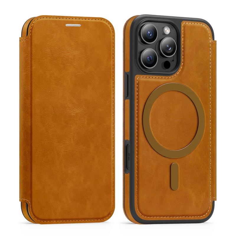 

Роскошный кожаный чехол-книжка с отделением для карт для iPhone 16 Pro Max 15 Pro 14 13 12 11 для Magsafe, ударопрочный чехол-бампер с беспроводной зарядкой и магнитным креплением iPhone 16 Pro Max коричневый