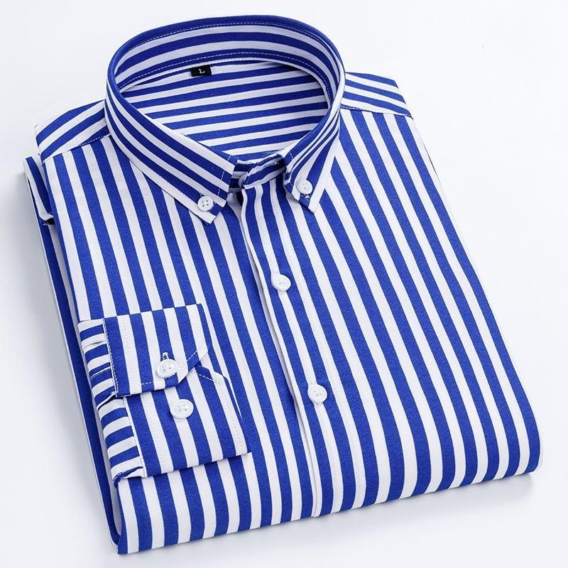 Mens Dress Shirts Striped Long Sleeve Plaid Checked Shirt Smart Casual Business Non-Ironing Korean Slim Fit Formal Blue White