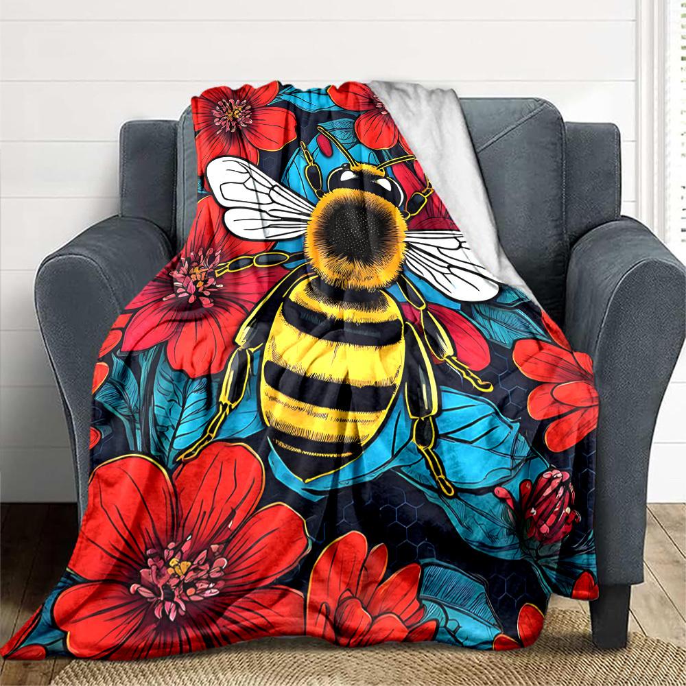 1pc Bee Floral Pattern Blanket Lightweight Flannel Blanket Throw Blanket For Sofa, Bed, Travel, Camping, Livingroom, Couch, Chair, And Bed yy250902616 100x150cm