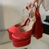 Fashion Runway Style Luxury Pearls Rhinestones Satin Bowknot Women Pumps Summer Fashion Platform Wedges 14CM Ultra High Heels Pary Shoes