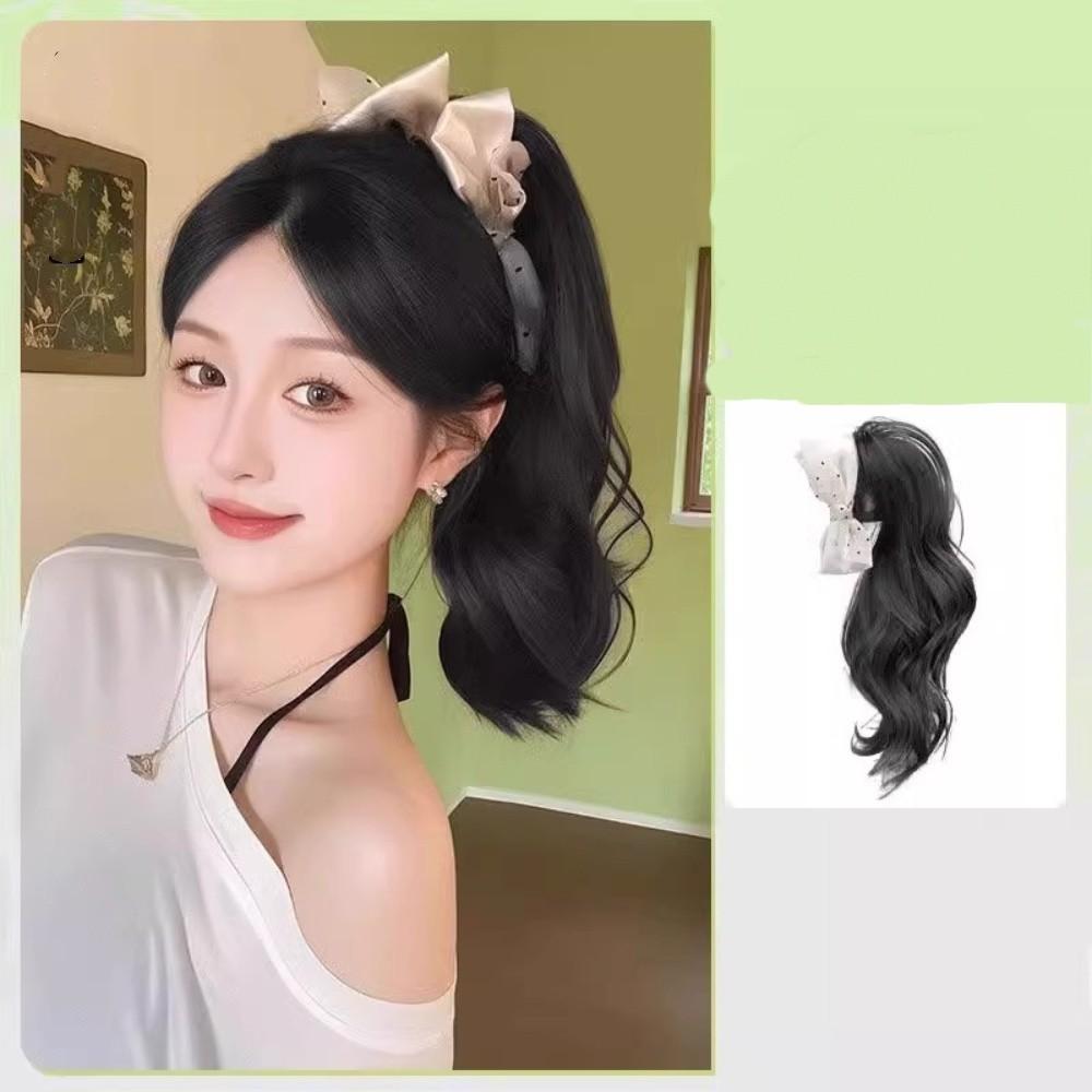 Synthetic Women's Simulation Wavy Curl Playful Braided Bow Clip-on Ponytail Wig Hair Extensions 35CM