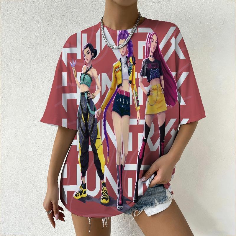 Women's T-Shirt KPop Demon Hunters Graphic Vibrant Anime Style Print Featuring Casual Loose Fit Top for Trendy Outfits