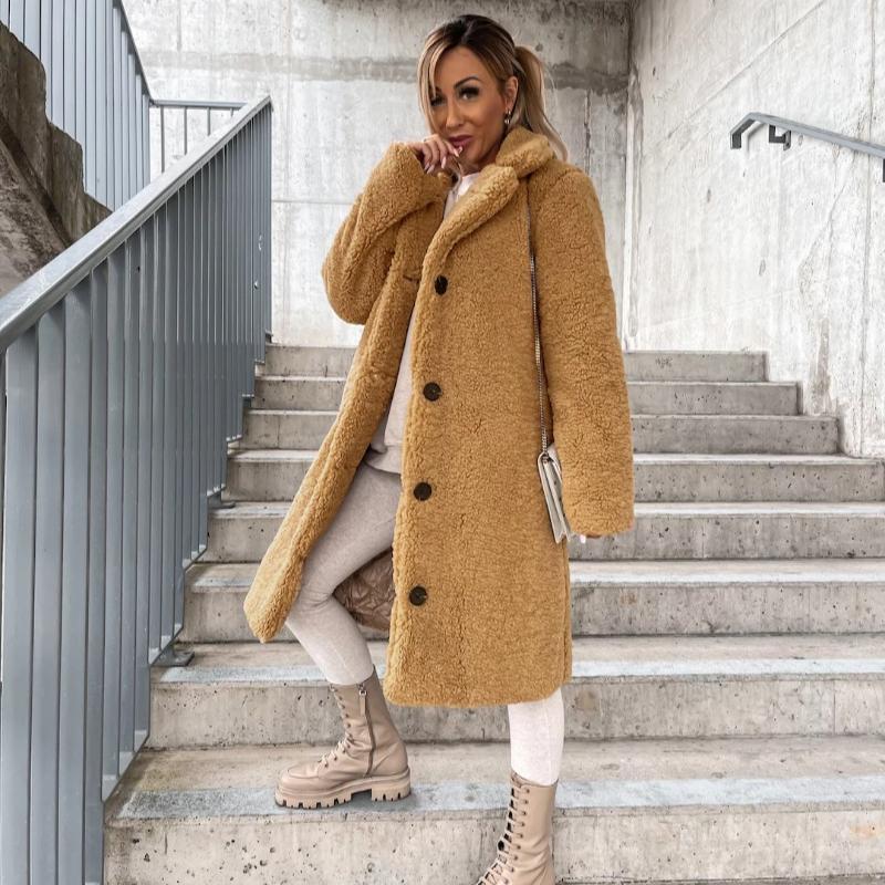 Toamnă și iarnă groasă cu mânecă lungă cu revere jachetă damă plus size fleece din pluș paltoane lungi calde femei lejer casual jachete solide pentru femei 24959