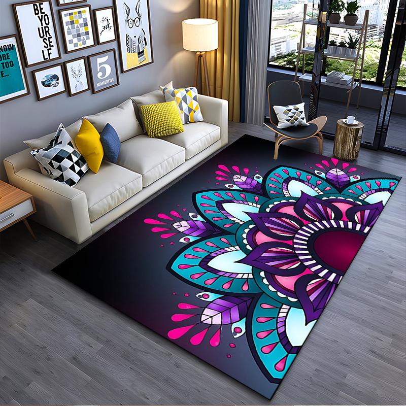 Area Rug, Mandala Flower Purple Teal Pink Corner Dark Print, Living Room Decor, Non-Slip Mat
