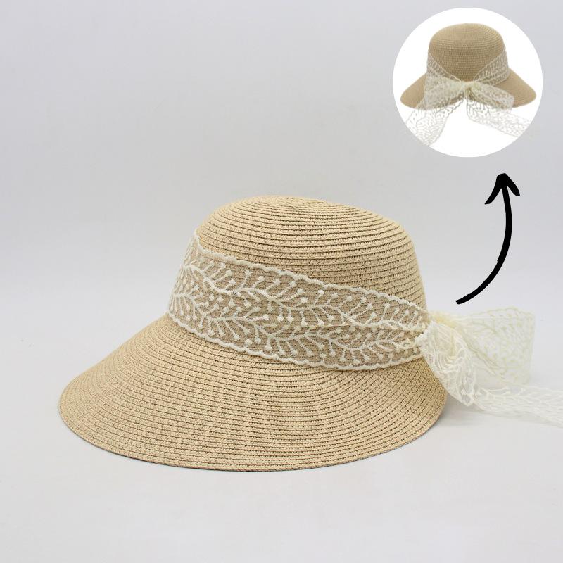 Straw Hat Women'S Big Brim Seaside Sunshade Beach Hat Versatile Lace Bow Sun Hat