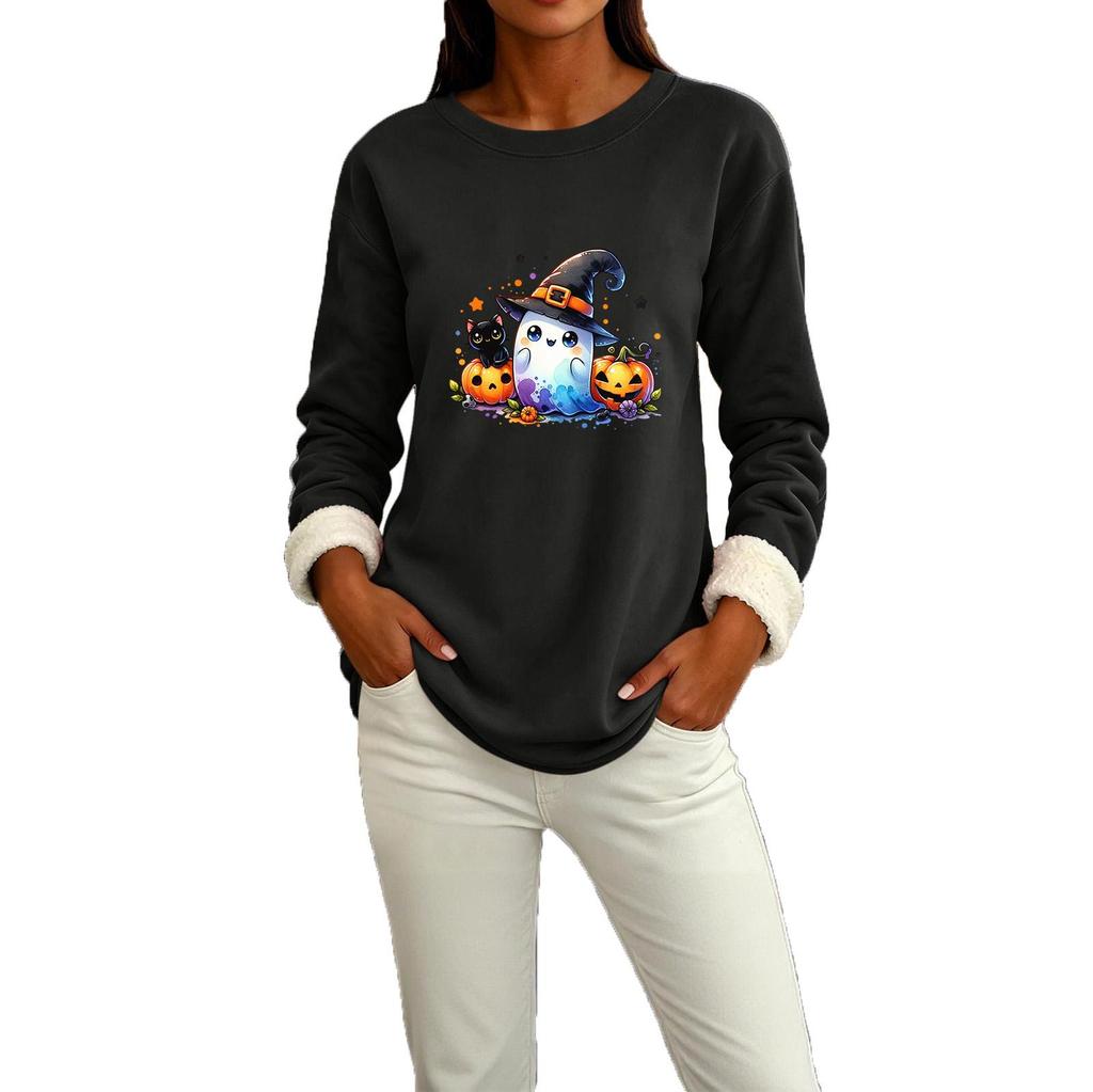 Women's Lined Round Neck Long Sleeve Halloween Print Casual Top for Winter