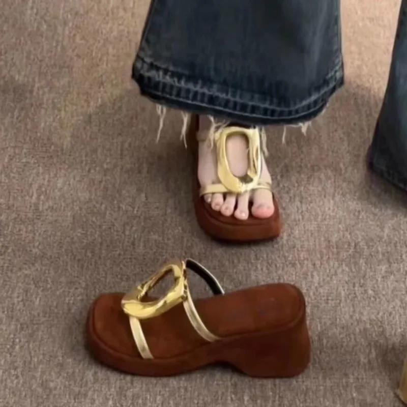 Fashion Summer New Style Slope Heel Sandals Women's Round Head Metal Buckle Waterproof Table Anti-slip Wear-resistant Slippers