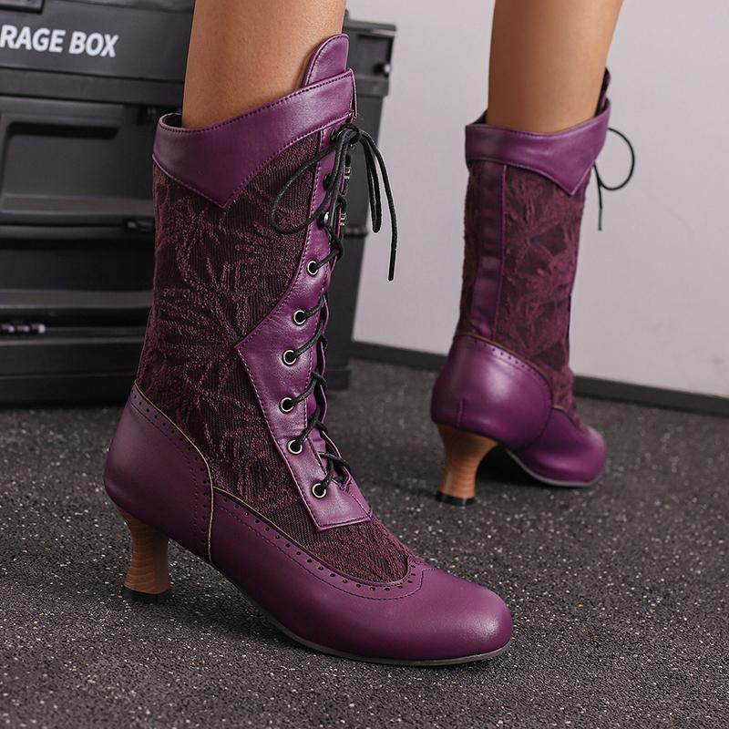 Women's Costume Cosplay Shoes Retro Mid Calf Boots Burnout Kitten Heels Front Bandage Patchwork Boots