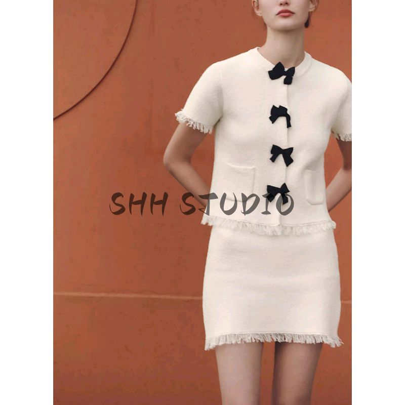 Frayed Edge Knitting High Waist Mini Skirt 9598039 Bowknot Decoration Short Sleeve Elegant Knitting Outwear 9598038