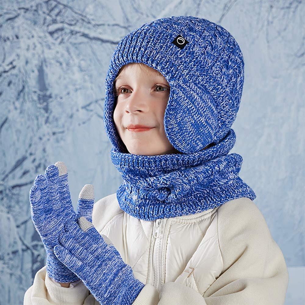 Warm Children's Hat Neck Scarf Gloves Set Fleece Lined Touchscreen Gloves for Boys and Girls