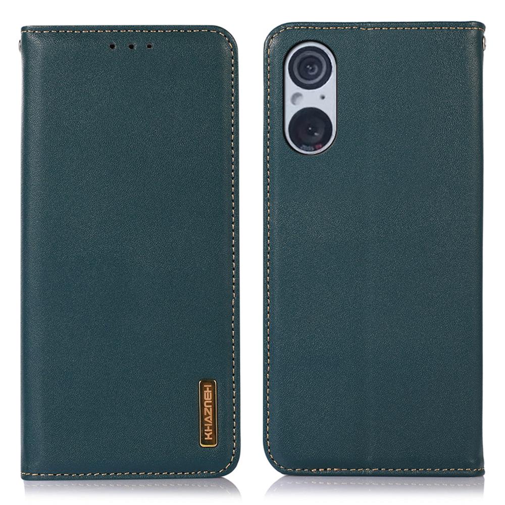 

KHAZNEH For Sony Xperia 5 V Genuine Cow Leather Phone Case RFID Blocking Wallet Stand Cover Green