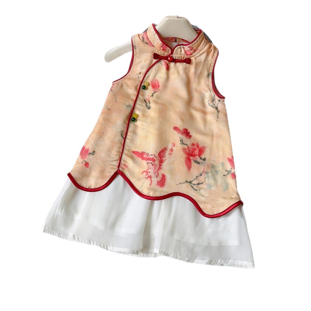 Summer Girls New Chinese Cheongsam Dress National Wind Print Fake Two Piece Vest Skirt Kids Hanfu Qipao Clothing