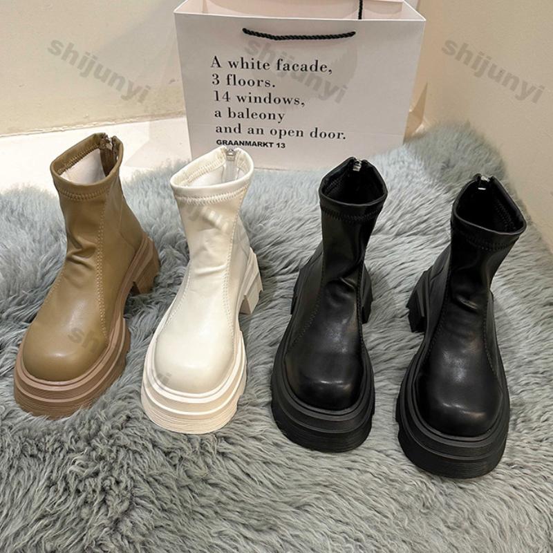 Fashion Women's Fashion Platform Ankle Boots Pu Leather Thick Bottom Combat Boots Woman Square Toe Slip On Chunky Short Booties Mujer