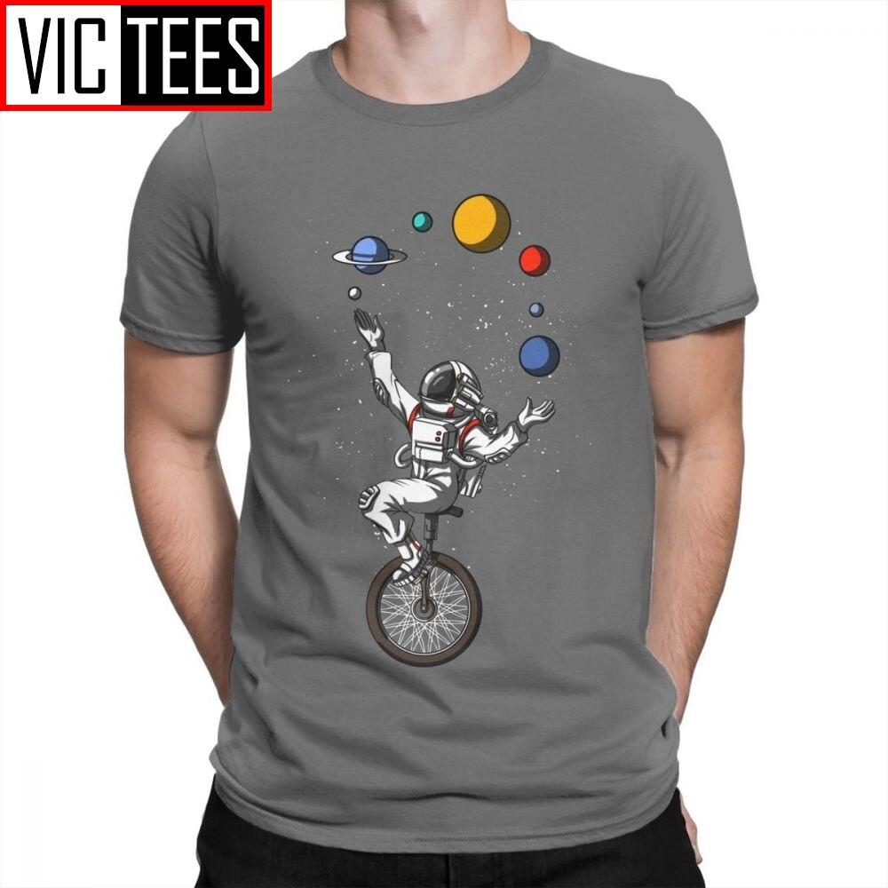 Man Men T Shirts Space Astronaut Riding Bicycle Juggling Solar System Planets Funny Short Sleeves Tees Tops Cotton T-Shirt