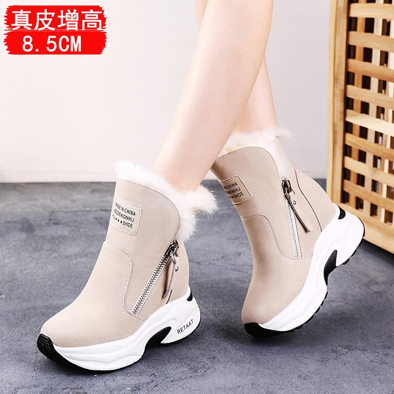 Fashion 8.5CM Suede Genuine Leather Women Ankle Snow Boots Platform Wedge Fur Plush Warm Women Winter Shoes Zipper Hidden Heels Shoes