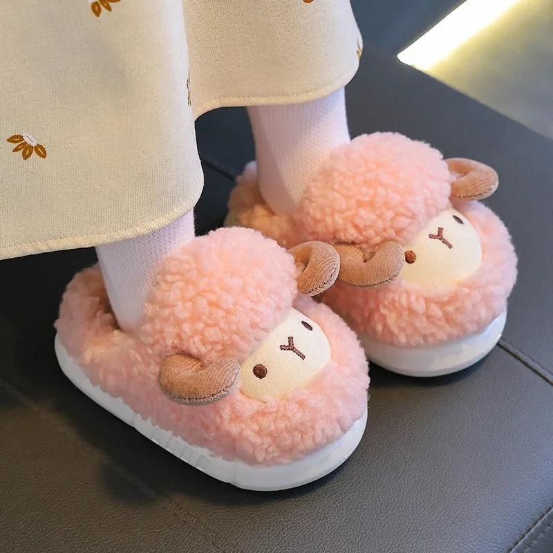 Winter Children Cotton Slippers Boys Girls Warm Anti Slip Home Slipper Fashion Cute Cartoon Alpaca Kids Parent-Child Plush Shoes