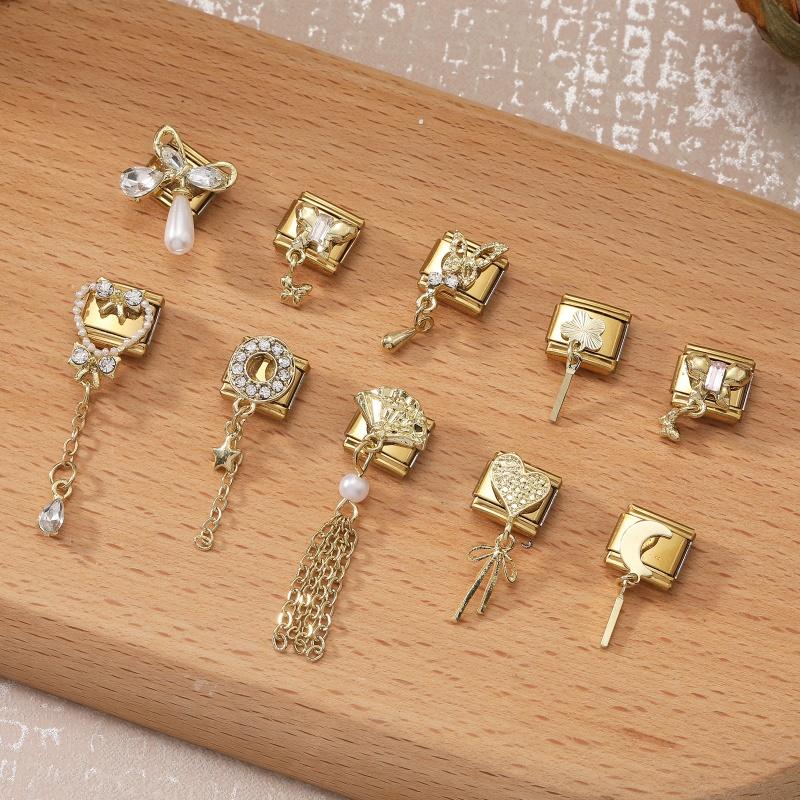 Wholesale Heart Butterfly Bow Flower Chain Pendant Golden Italian Charm Fit 9MM Stainless Steel Bracelet Women DIY Jewelry Gift