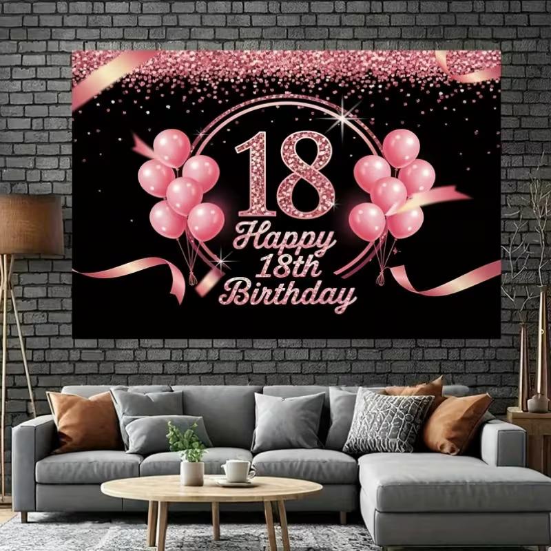 2D Black Pink Balloon 18th Birthday Backdrop, Glitter Confetti Decor Banner