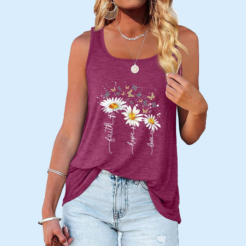 Women Fashion Summer Sleeveless Top Casual Printed O Neck T-shirt Laides Loose Tank Top