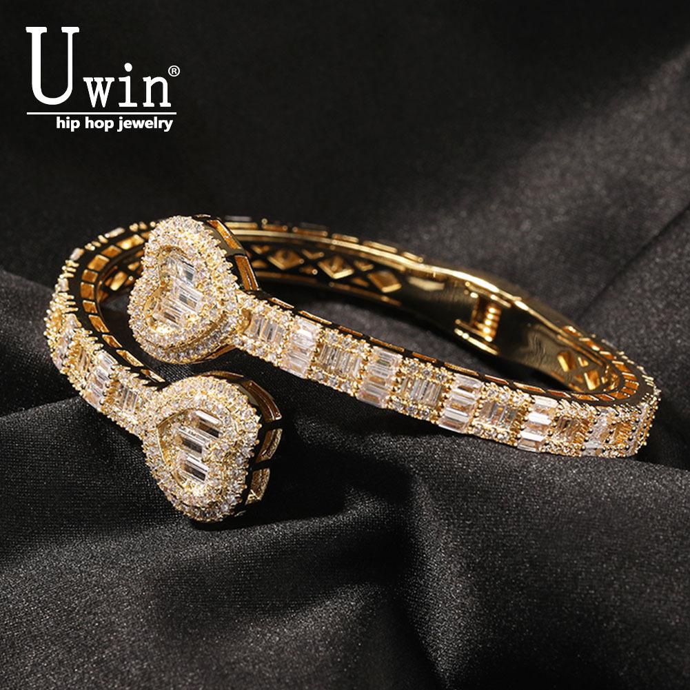 

Uwin Baguette CZ Heart 6 мм Регулируемый браслет-манжета с микро-асфальтовым покрытием Bling кубический цирконий Роскошный рэпер хип-хоп ювелирные изделия в стиле панк 8inch золотой