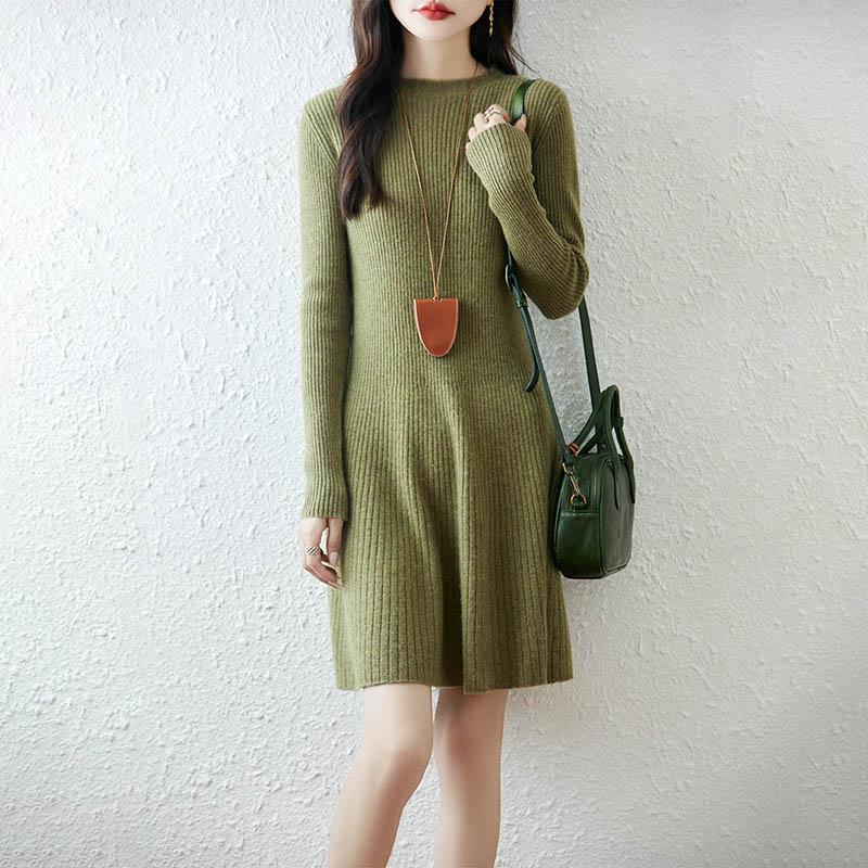 Women Sweater Dress 100% Wool TIDENOVEL O-neck Knit Long Pullover Winter Jumpers Wool Long Dress Female