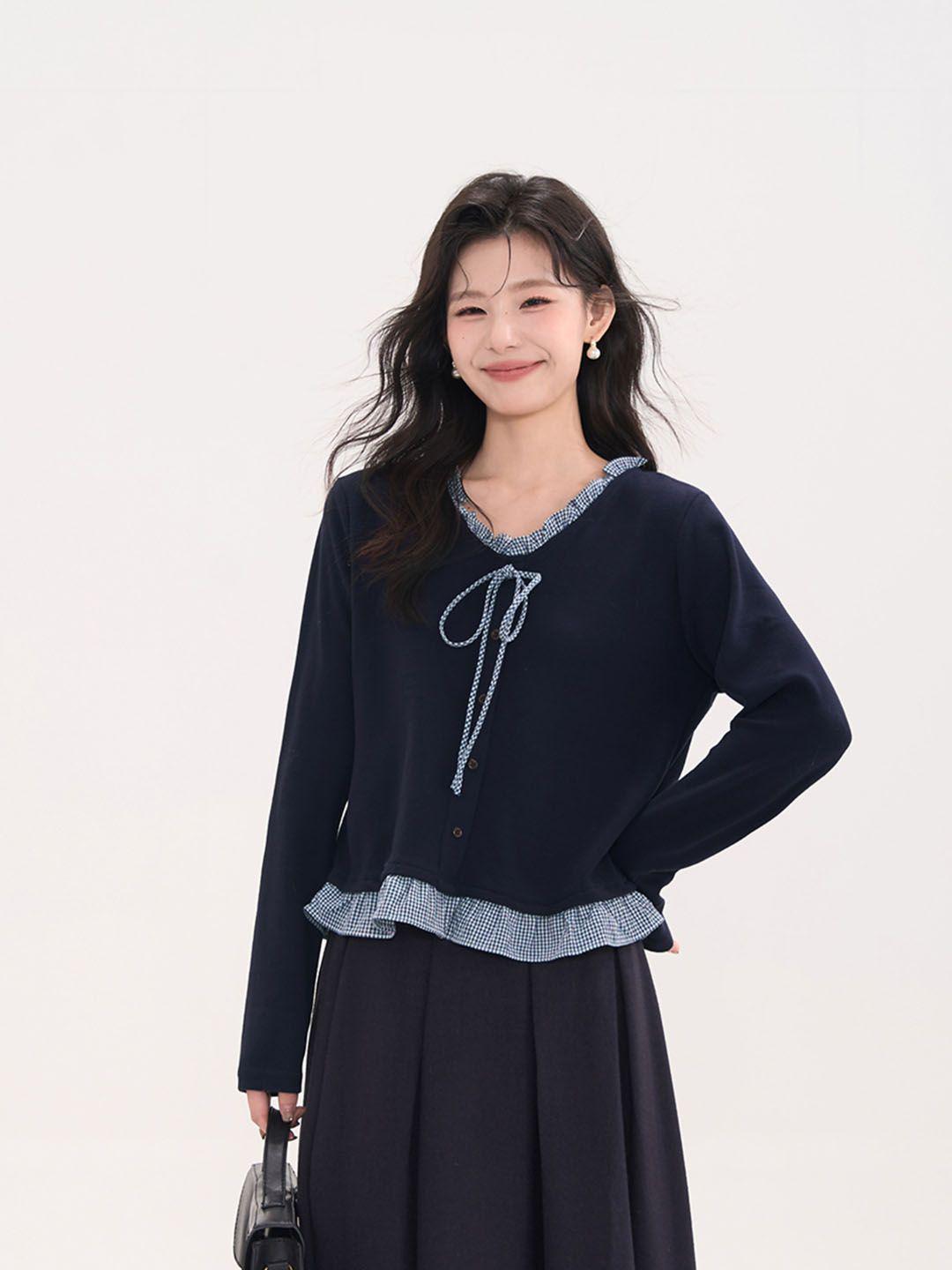 

Corduroy Plaid V-Neck Lace-Up Ruffle Patchwork Long-Sleeve Top 3XL (For 161-180 lbs)