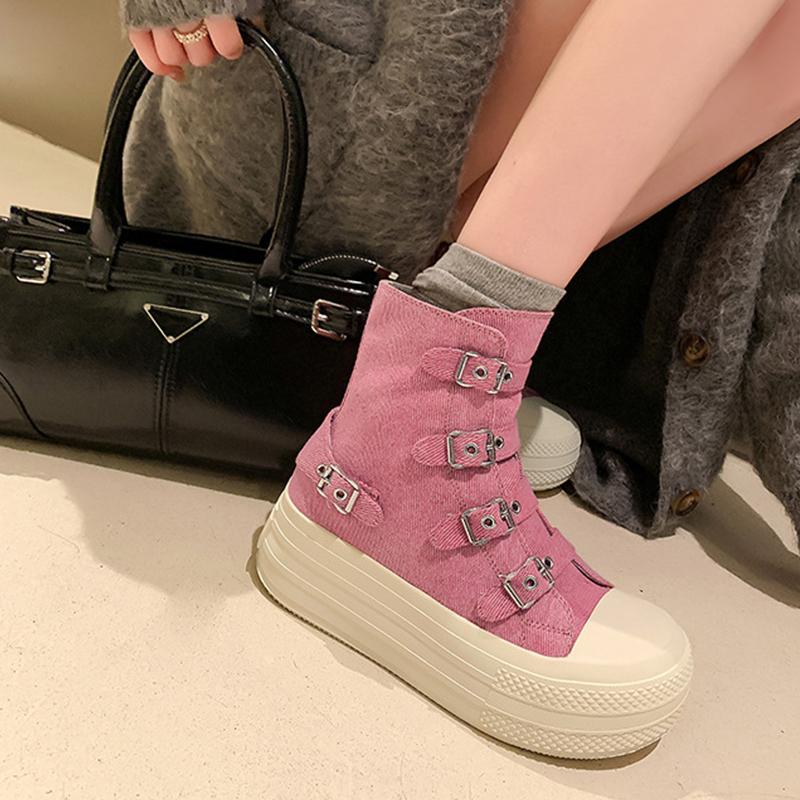 Fashion 2024 Spring and Autumn New Thick soled Short tube Canvas Boots French Casual Breathable Buckle Fashion Women's Single Shoes