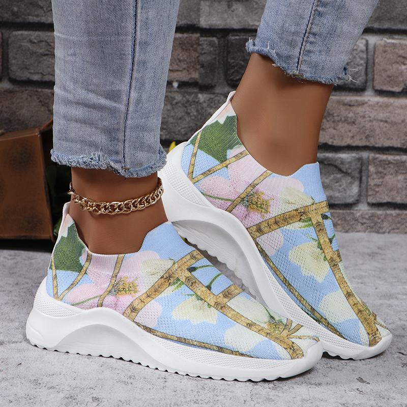 Lucyever Womens Lightweight Printed Platform Sneakers 2024 New Slip-On Knitted Flats Women Comfortable Outdoor Sport Shoes 43