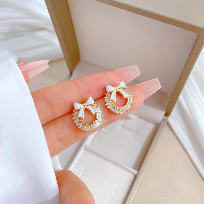 Micro-Inlaid Necklace Earrings Set Light Luxury Ring Bow Personality Temperament Banquet Earrings Necklace Group