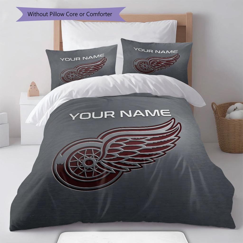 Custom Name,Detroit Red Wings Pattern Bedding Home Decoration Birthday Gift ( 1 Duvet Cover + 2 Pillowcase, Without Core),fan Merchandise.