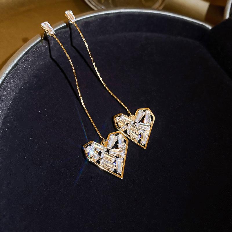 French Court Style Silver Needle Zircon Rectangular Earrings Exquisite Light Luxury High-end Stud Earrings Exaggerated Earrings Women