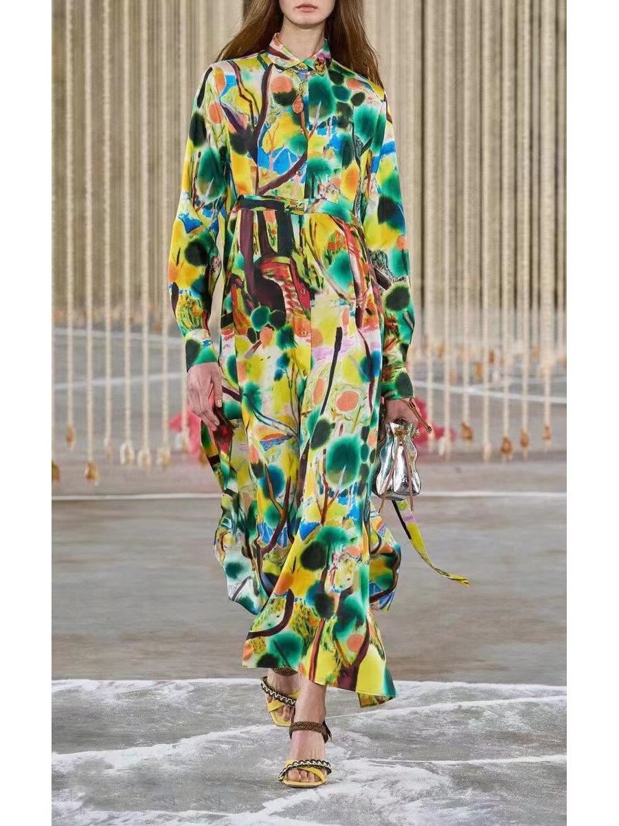 

Элегантное длинное платье с завязкой на талии, отворотами и рукавами-фонариками для женщин - осень 2023 г. Small