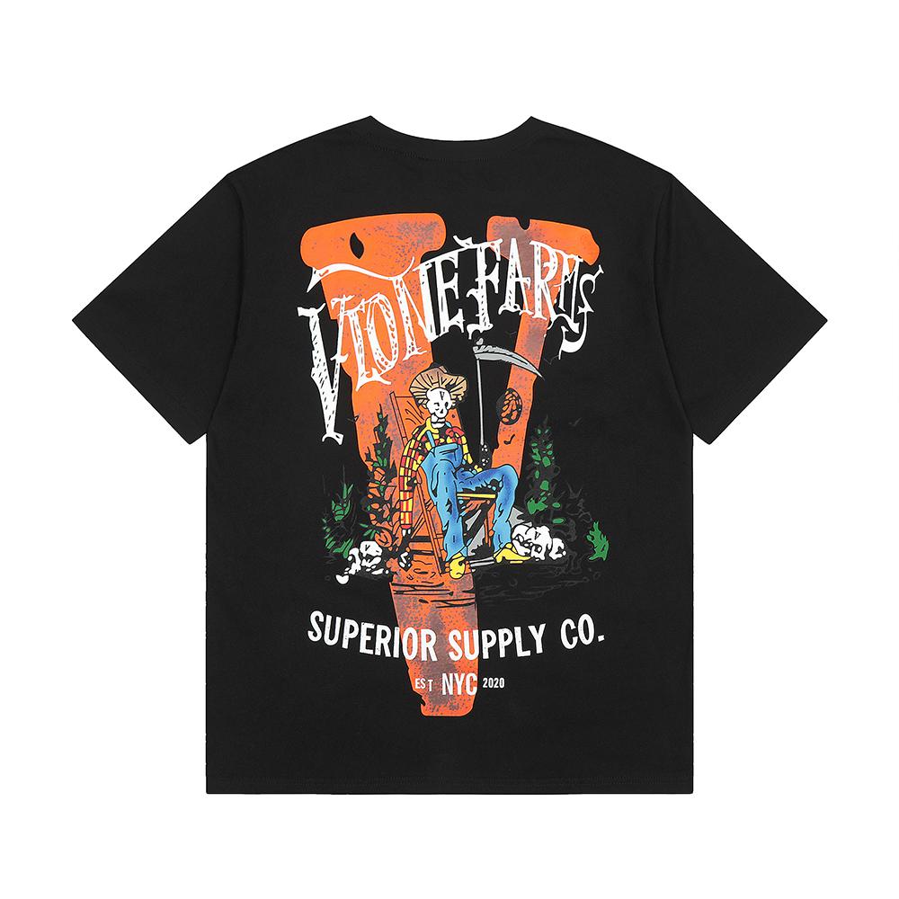 VLONE Summer Men s and Women s Orange Big V Skeleton Farmer Cotton T-shirt Unisex S