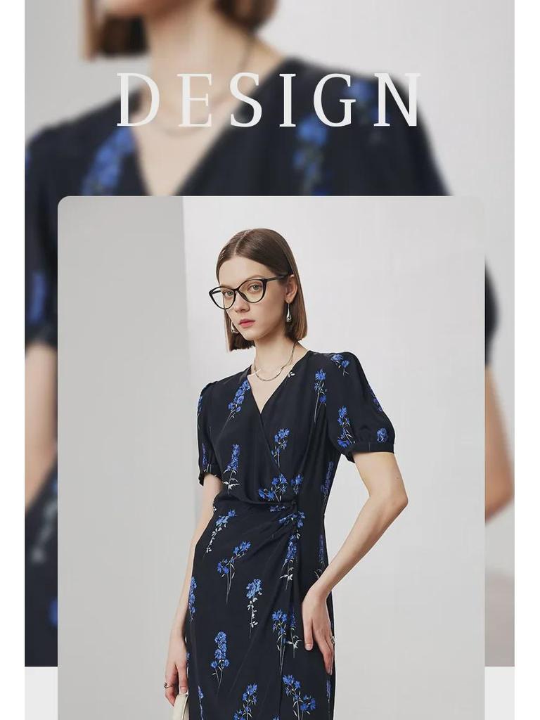 Damen V-Ausschnitt Seidenkleid - Frühjahr/Sommer Kollektion 2025, Kurzärmelig, Gefütterter Doppel-Crepe, 100% Maulbeerseide.