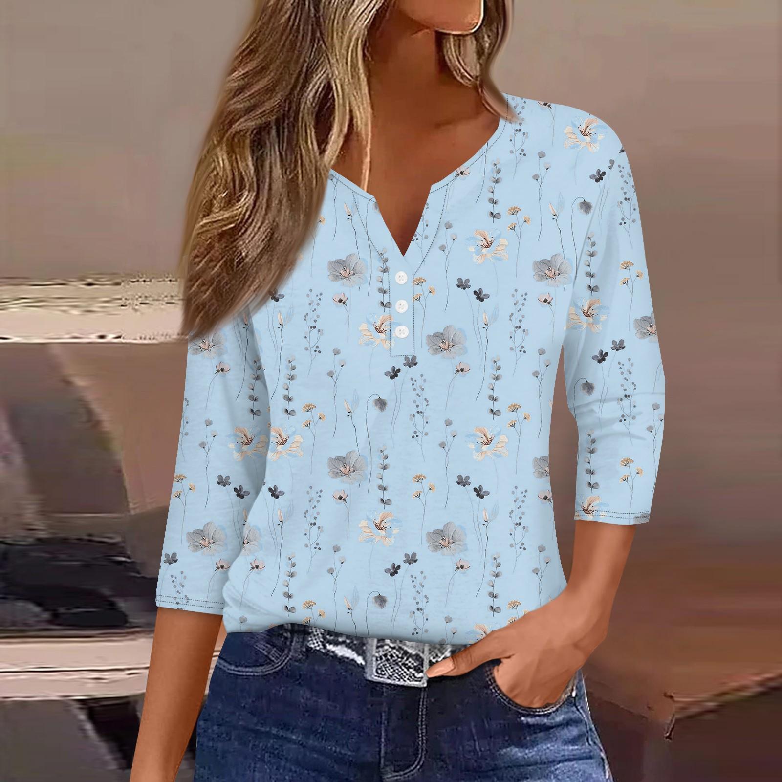 

Жен. Футболка Футболка С принтом Пуговицы Рукав 3/4Ежедневно Выходные Мода Классический Топ с v-образным вырезом Обычный M синий