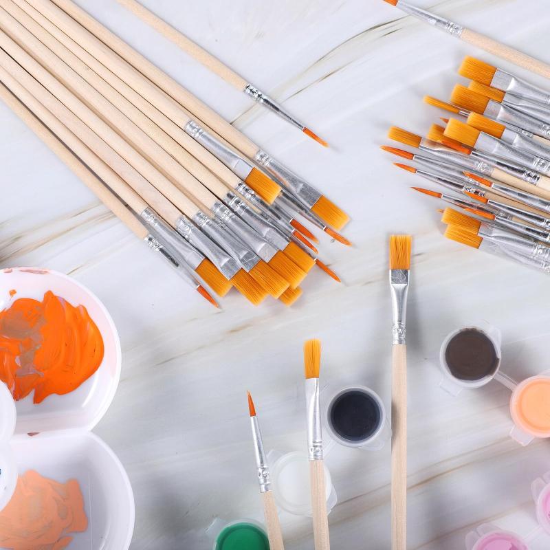20/50/100 Pcs Wood Handle Painting Brushes Set Art Round Flat Hair Nylon Hair Paint Brush For Acrylic Watercolor
