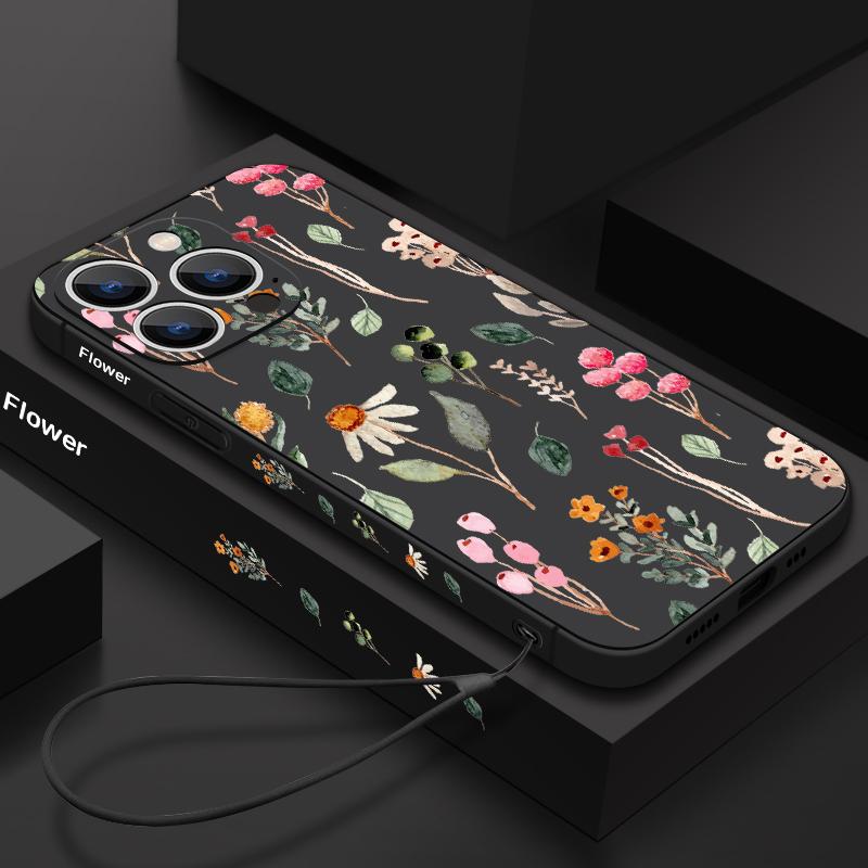 

Ударопрочный цветной цветочный узор чехол для телефона iPhone 15 Pro Max 14 Plus 13 12 mini 11 XR XS 8 7 роскошная защита линз мягкий ТПУ ремешок матовый чехол iPhone 15 чёрный