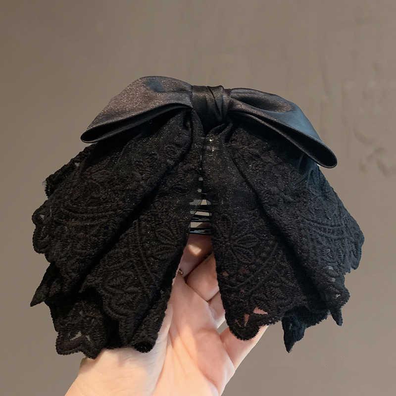 French Elegant Ballet Style Lace Satin Bow Ponytail Hair Clip, Gentle And Sweet Shark Clip Hair Ornament On The Back Of Head