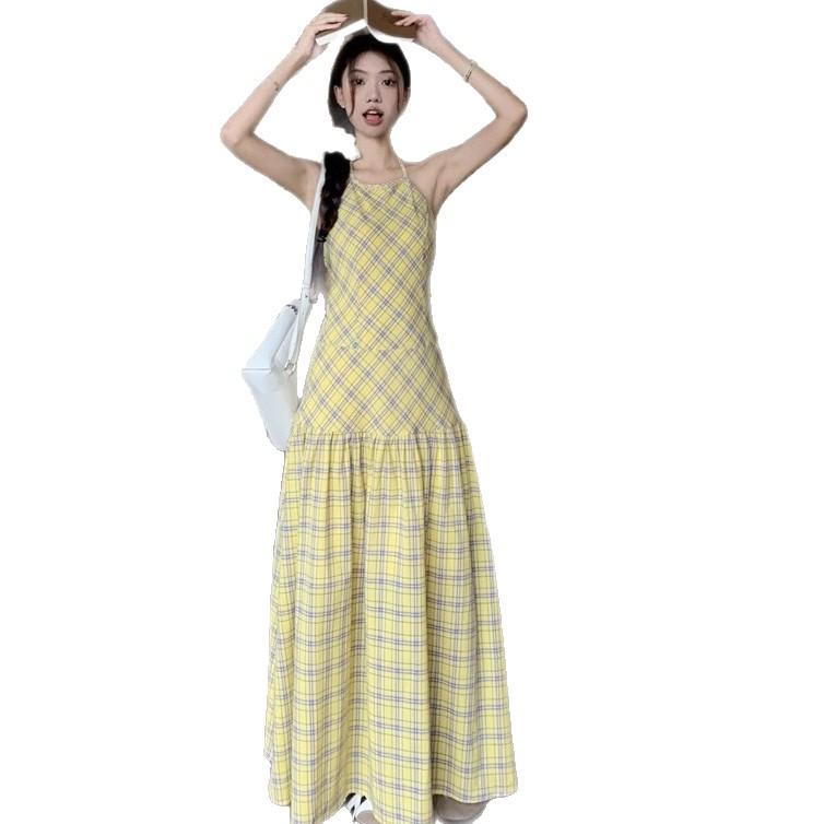 Neck Skirt Dress Women's Summer New Suspender Skirt Yellow Plaid Waist Halter South East Asia Europe and America