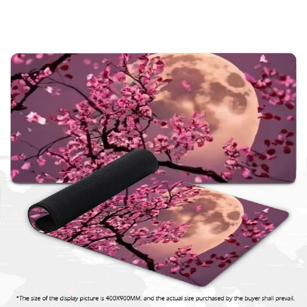Large XXL Mousepad Cherry Blossom Falling Petals Full Moon Art Deskpad Overlock Stitched Non‑Slip Rubber Keyboard Mouse Mats
